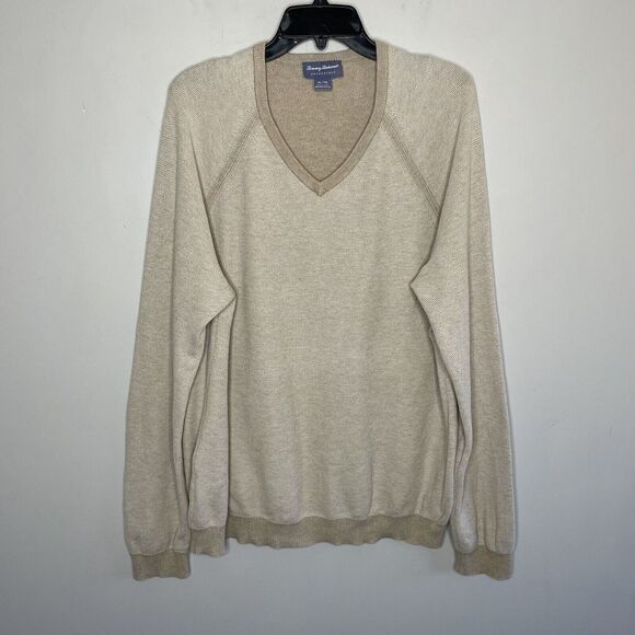 TOMMY BAHAMA Sweater Mens XL Beige Reversible V-Neck Pullover 100% Pima Cotton - Picture 1 of 13